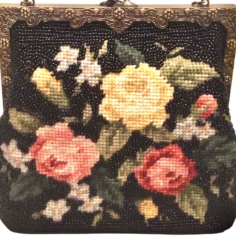 Vintage Style Regency Floral Needlepoint Beaded Evening Bag Pewter Scroll Frame - Picture 3 of 16